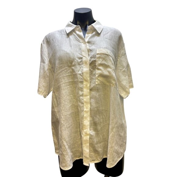 Lafayette 148 Linen Button Down Short Sleeve Shirt White XL - Picture 1 of 5